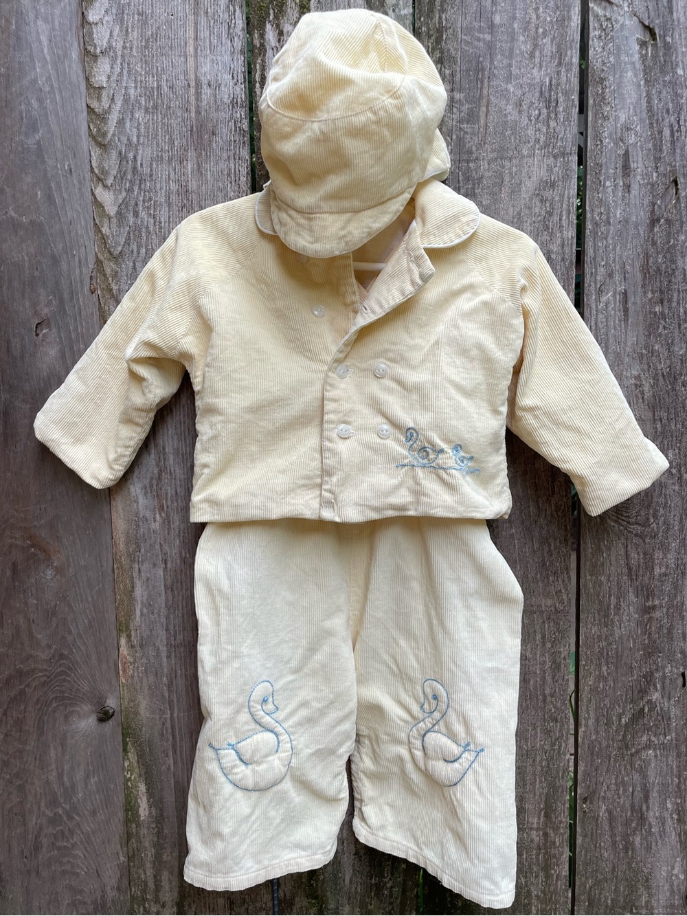 True vintage pale yellow Baby Corduroy 3-Piece Outfit with Swan Embroidery